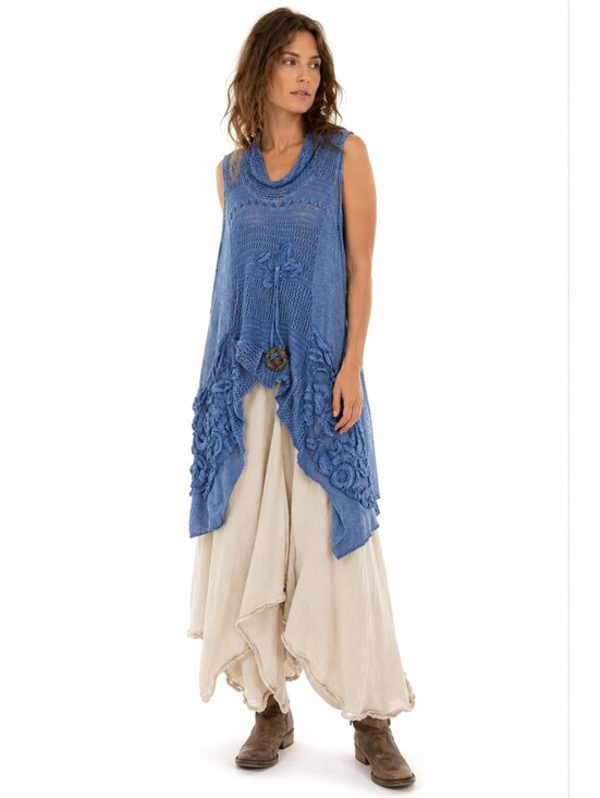 M Made In Italy Tops - Italian Lagenlook Boho Fairy Asymmetrical Knit Tunic Art to Wear Blue Lace XL